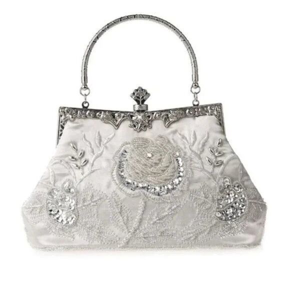 𝅺VINTAGE Floral Beaded Rhinestone Handbag Silver - Picture 1 of 8